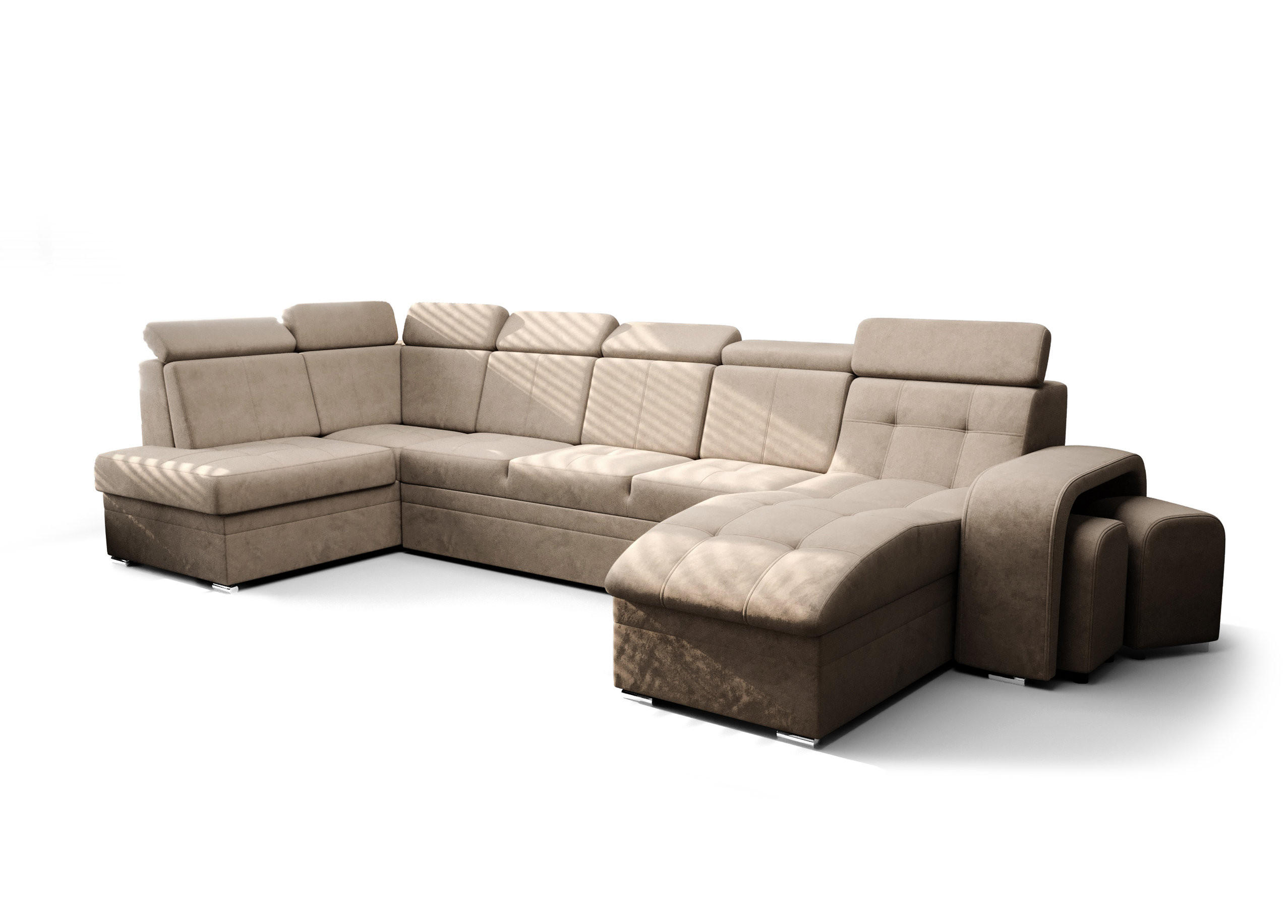 WOHNLANDSCHAFT KONGO RBN13, Eckcouch in U-Form mit Schlaffunktion, Farbe: Beige, Velourstoff, Ottomane Rechts - Beige, Textil (392/108/180cm) - O-Sofa