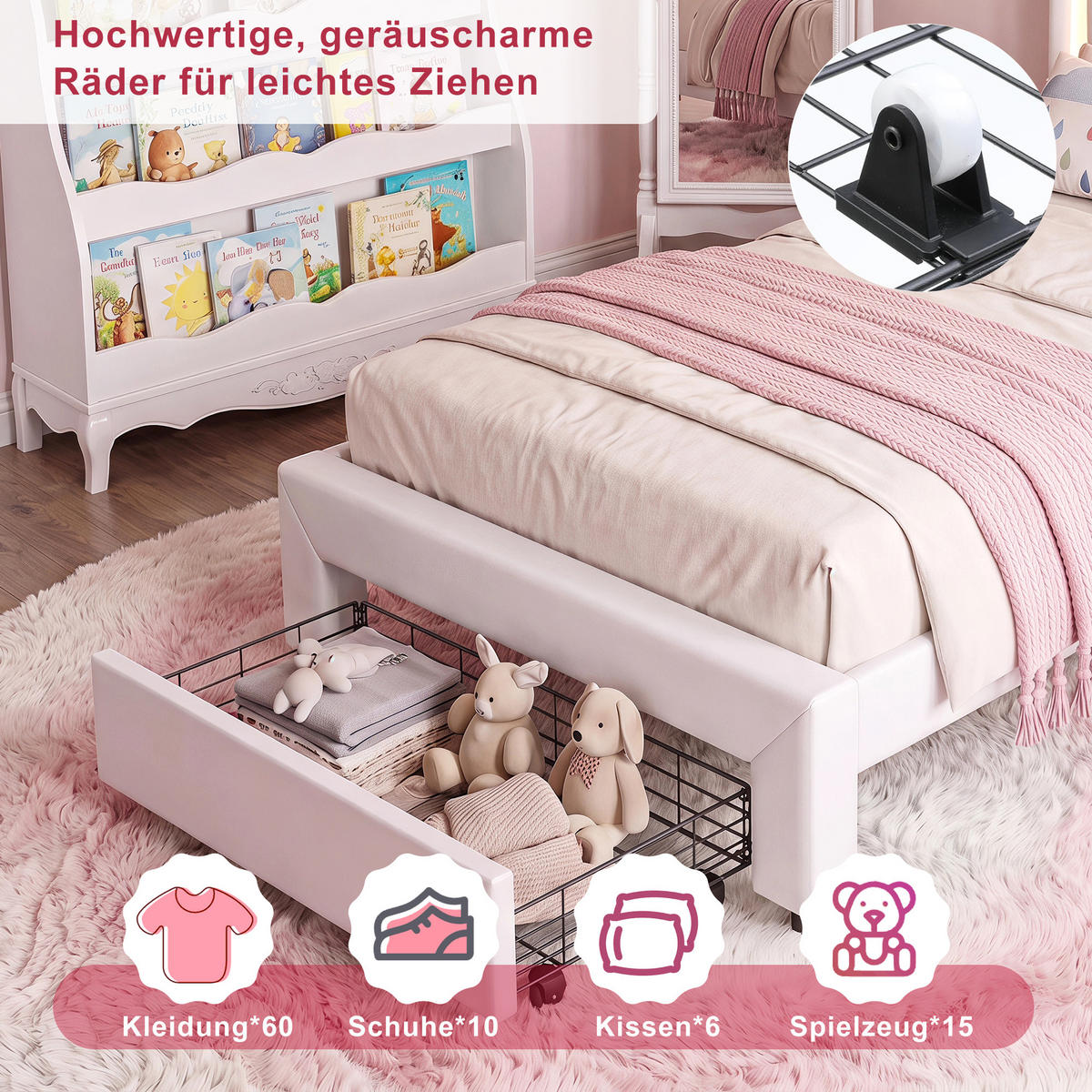 POLSTERBETT Princess Crown 90x200 cm mit höhenverstellbarem Kopfteil, PU, Lattenrost & LED-Beleuchtung, Weiß - Weiß, Leder/Holz (90/200cm) - BursDany