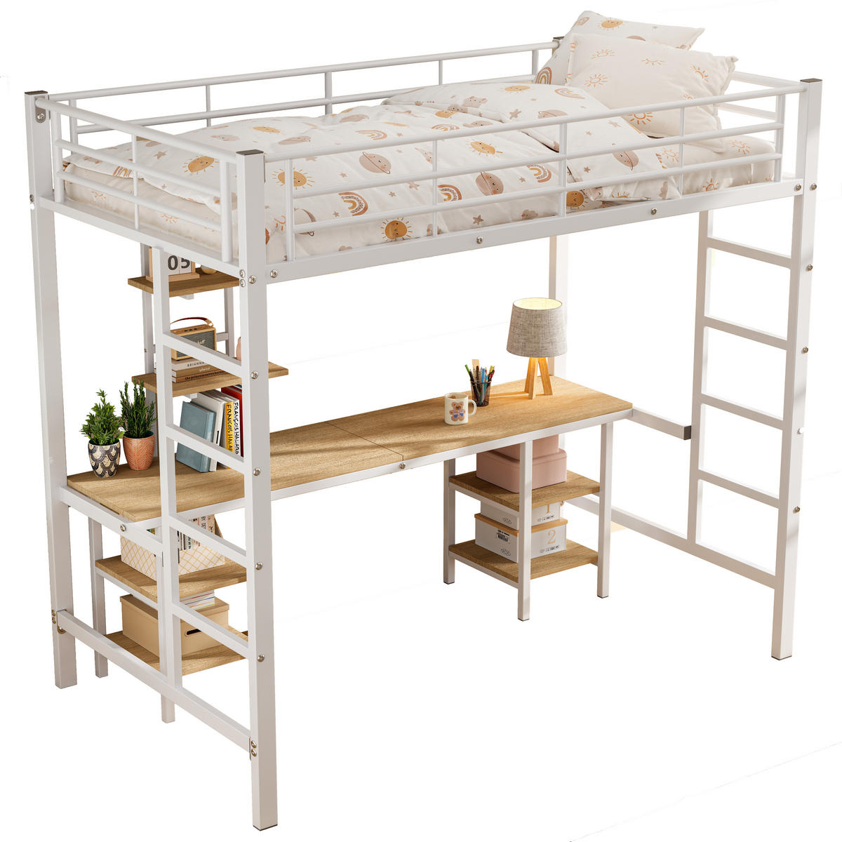 ETAGENBETT 90/200 cm weiß aus Metall und MDF mit Schreibtisch und Regalen - Weiß, Holzwerkstoff (90/200cm) - OKWISH
