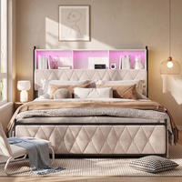 POLSTERBETT 140x200 cm mit USB- und LED-Kopfteil, Bett mit Stauraum und 4 Schubladen, Lattenrost, Samt, Beige - Beige, Holz/Metall (140/200cm) - GENKI LIVING