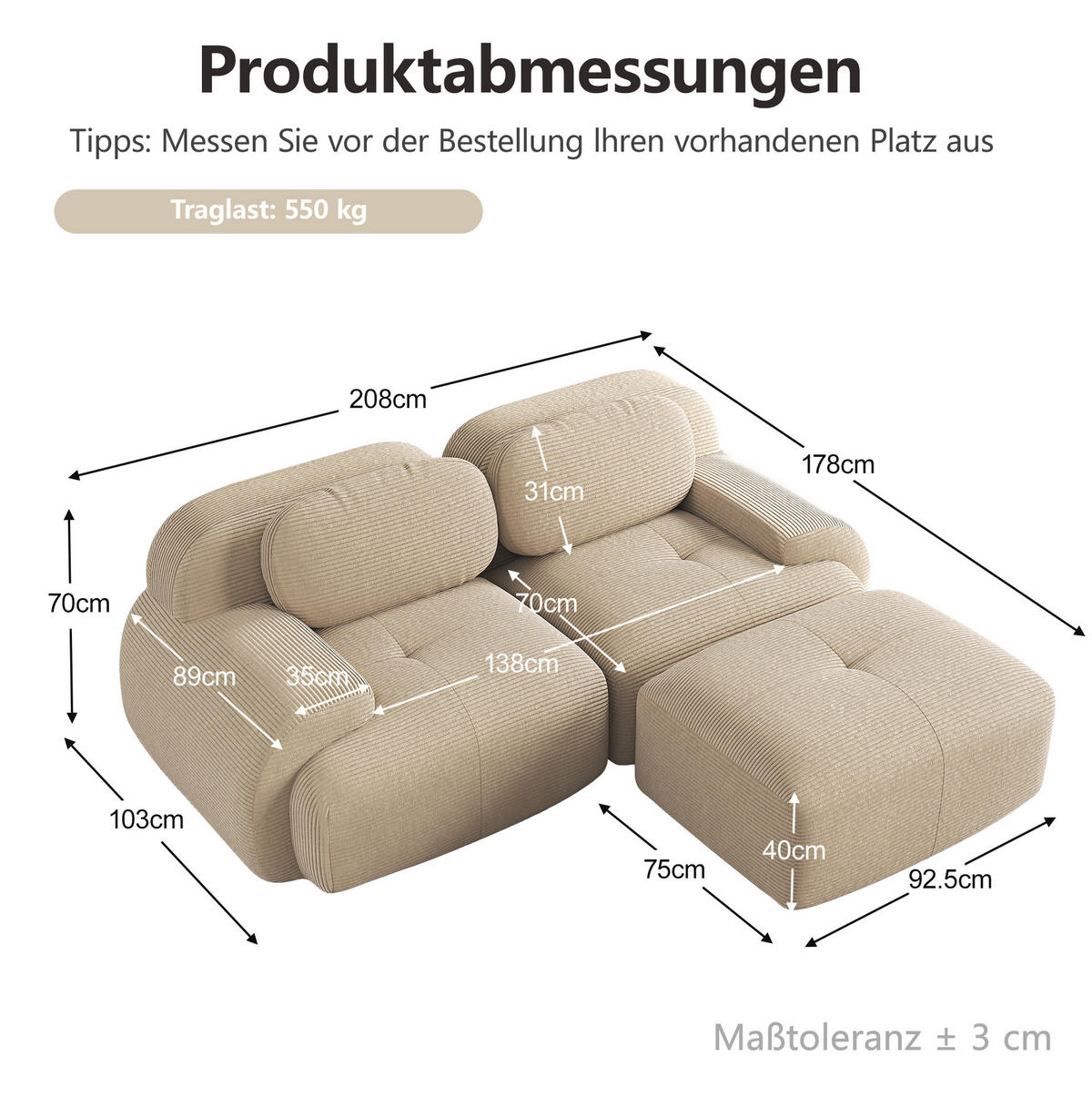 ECKSOFA 208/178/70 cm in Beige aus Cord, modular und ohne Montage - Beige, Textil (178/208cm) - Flora Grace