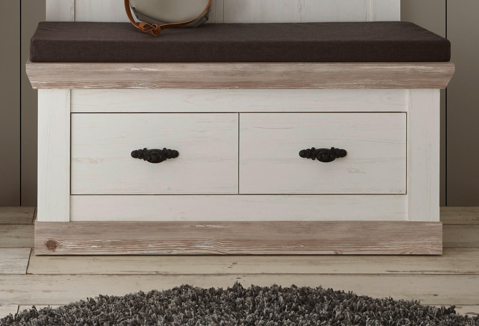 GARDEROBEN-SITZBANK Pinie Oslo Pinie Landhaus, Garderobenbank, 107 x 48 cm - Anthrazit/Weiß, Holzwerkstoff/Metall (107/50/45cm) - Furn.Design