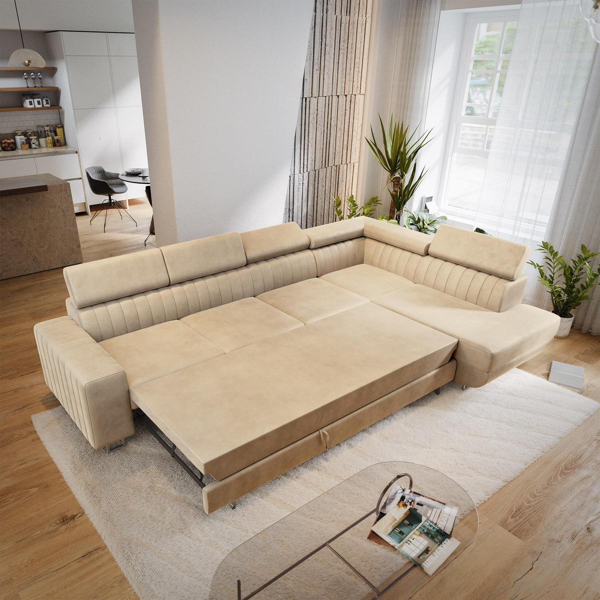 ECKSOFA HESTION Creme Velours-Stoff mit Schlaffunktion - Creme, Holz (332/190cm) - MASSENO