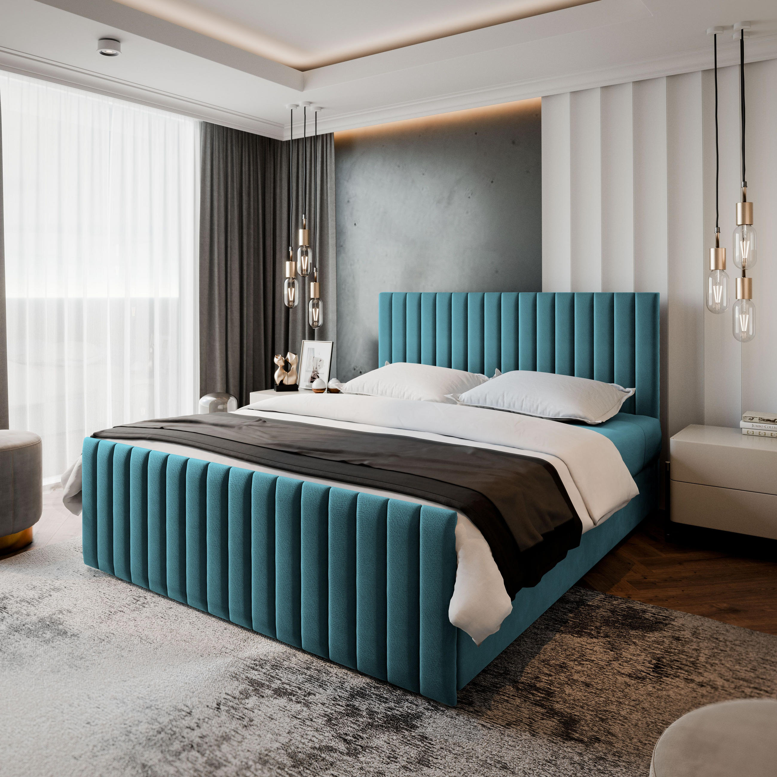 BOXBETT ARION 160x200 cm mit Matratze und Topper, H2+H3 - Blau - Hellblau, Holz (160/200cm) - MASSENO