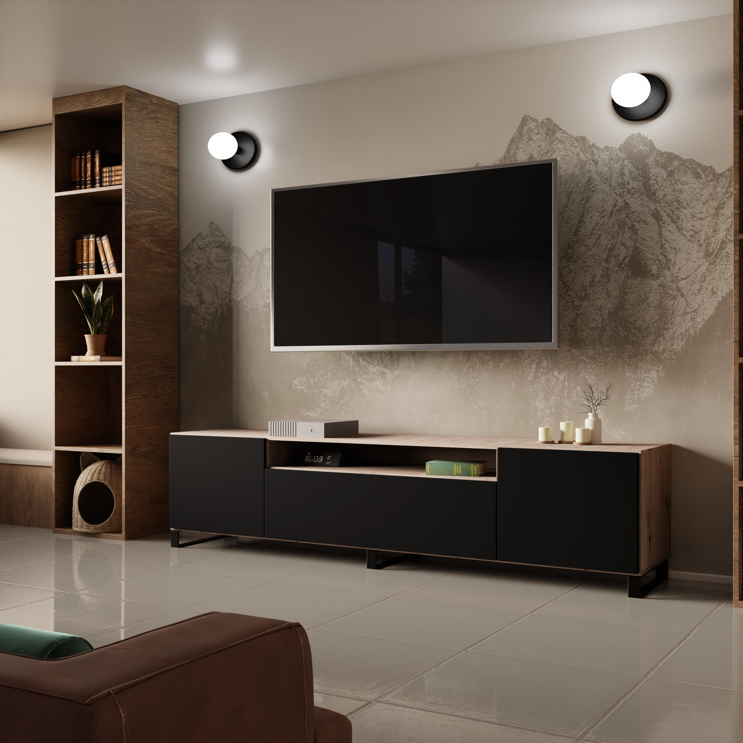 TV-SCHRANK LIO - Schwarz/Eiche Artisan, Holzwerkstoff (200/53/41cm) - Meblini