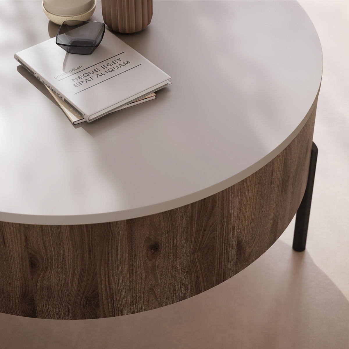 COUCHTISCH rund aufklappbar höhenverstellbar Stauraum 79/79/42 cm - Beige/Nussbaumfarben, Holzwerkstoff (79.5/79.5/42.7cm) - designimpex