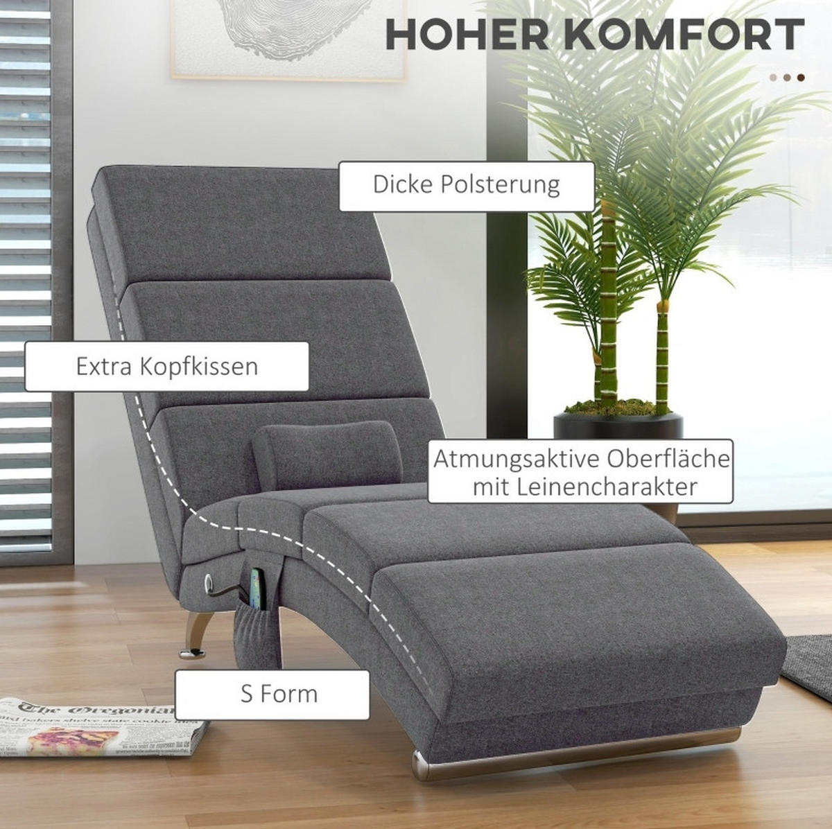 RELAXSESSEL in Dunkelgrau 168x56x84 cm mit Vibrationsmassage und Lendenwärme - Dunkelgrau, Textil (56/84/168cm) - IVMEU
