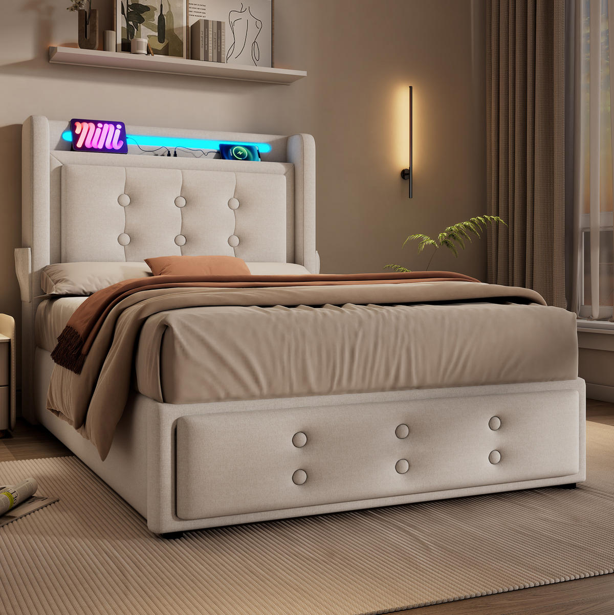 BETT mit Matratze und Stauraum 90x200 cm Beige mit USB und LED - Weiß, Metall (90/200cm) - Meubliv