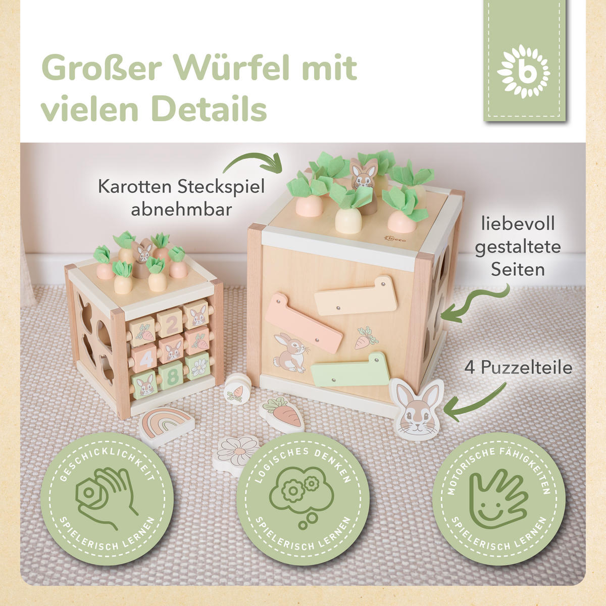 MOTORIKWÜRFEL Hase Fine XXL Holz FSC - a - Grün, Holz (30/30cm) - Bieco Spielwaren