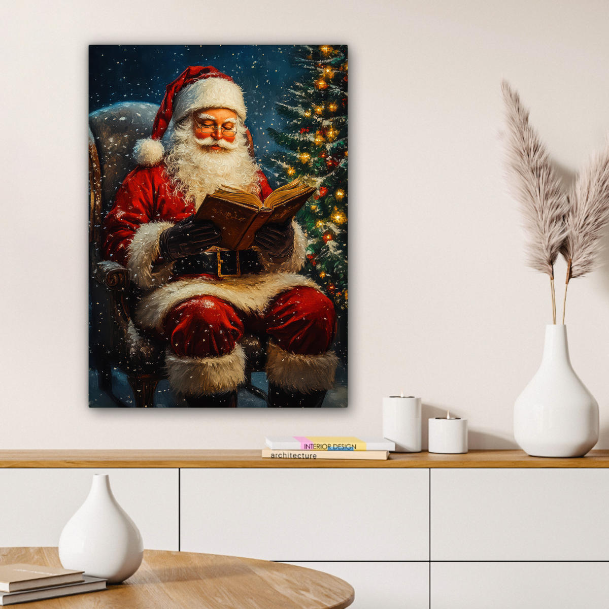 LEINWANDBILD Weihnachtsmann - Weihnachten - Winter - Weihnachtsbaum 60x80 cm - Bordeaux, Textil (60/80cm) - MuchoWow