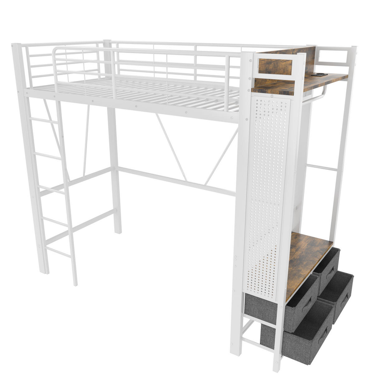 HOCHBETT 90/200 cm mit LED-Beleuchtung, USB-C, Steckdose, Kleiderstange und 4 Schubladen, Metall/MDF, Weiß - Weiß, Metall (90/200cm) - Redom