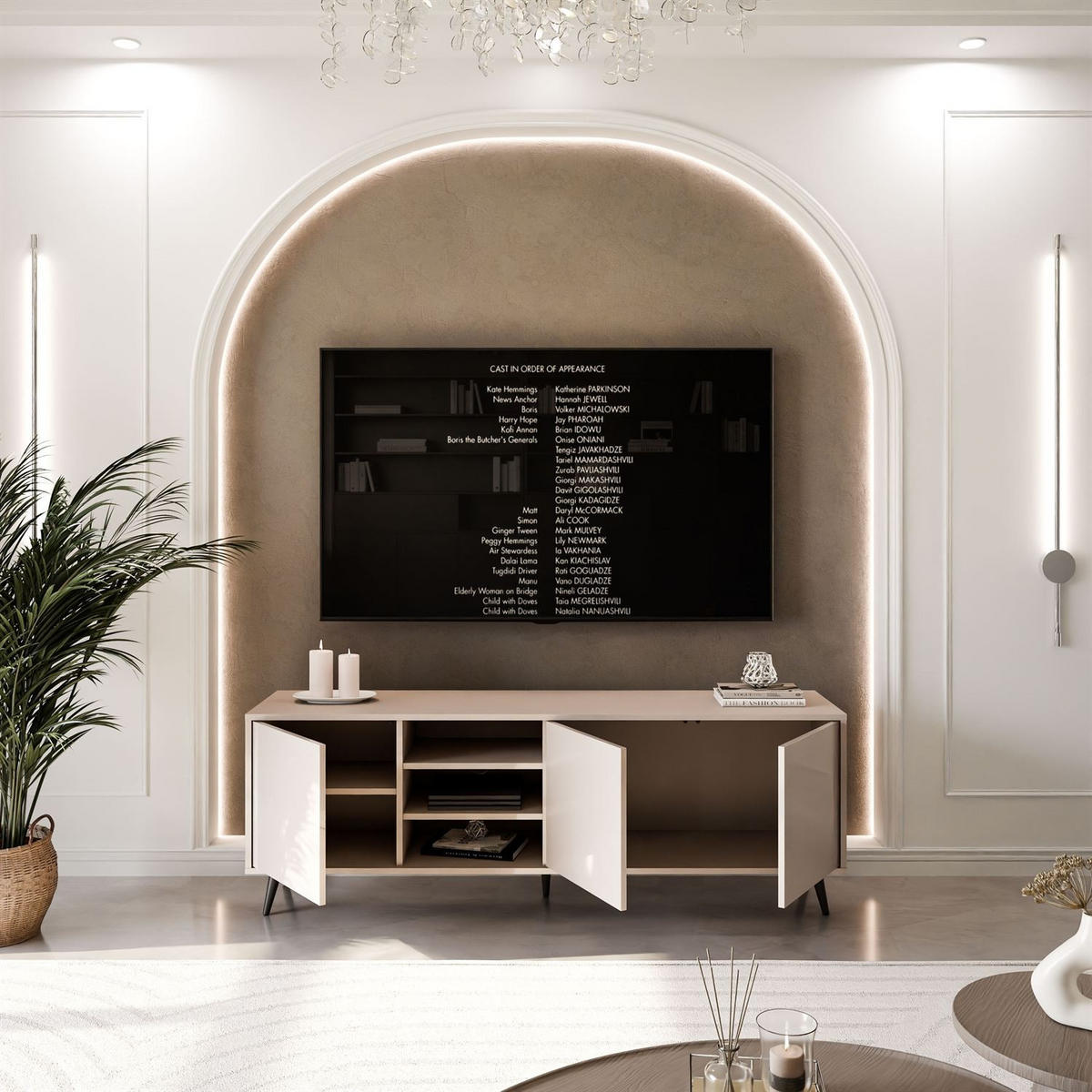 TV-SCHRANK SANAYI Kaschmir Hochglanz – schräge schwarze Beine - Kaschmir, Holzwerkstoff (156/54/38cm) - Lookway