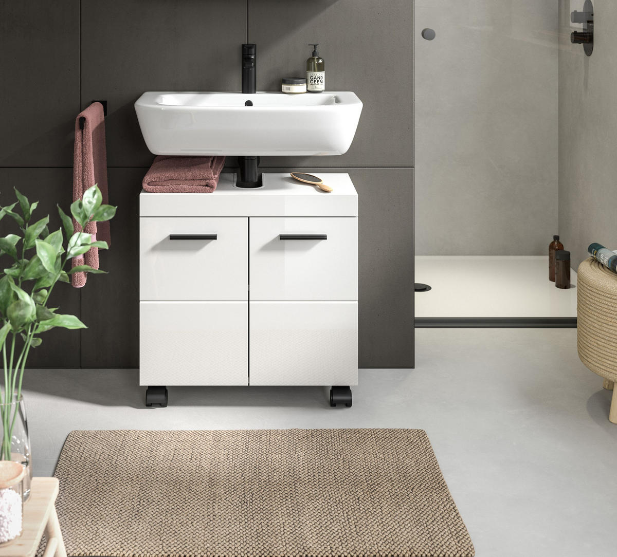 WASCHBECKENUNTERSCHRANK auf Rollen NOVA (B/H/T: ca. 60/58/30 cm) in Weiß/weiß hochglanz - Weiß, Holzwerkstoff (60/58/30cm)