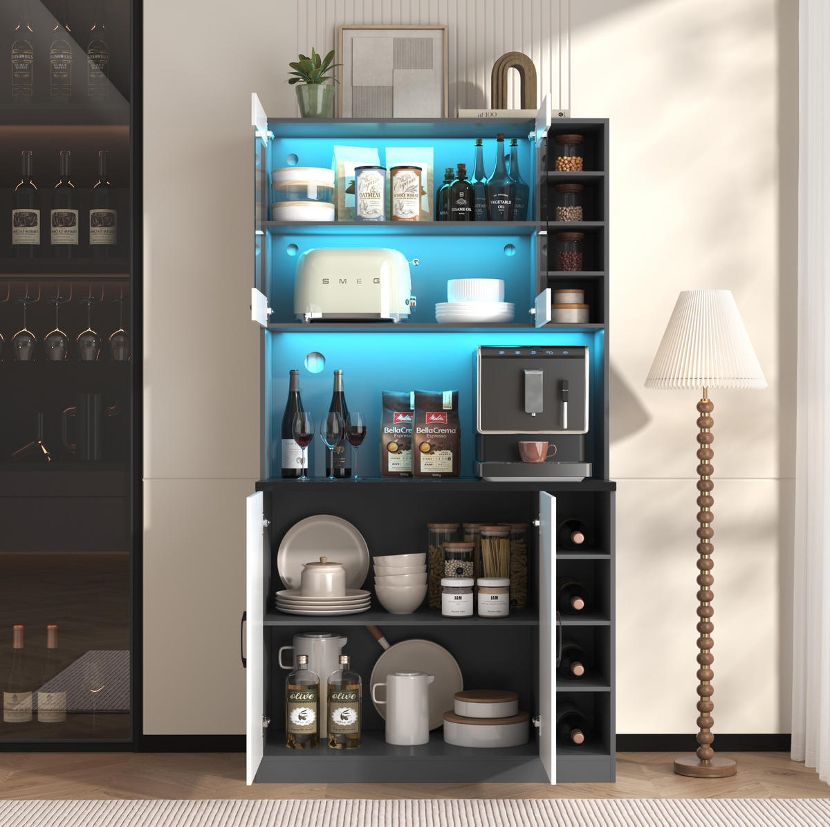 BUFFET 100/47/187 cm in Grau/Weiß mit LED-Beleuchtung und verstellbaren Fächern - Weiß, Holzwerkstoff (100/187/47cm) - Flora Grace