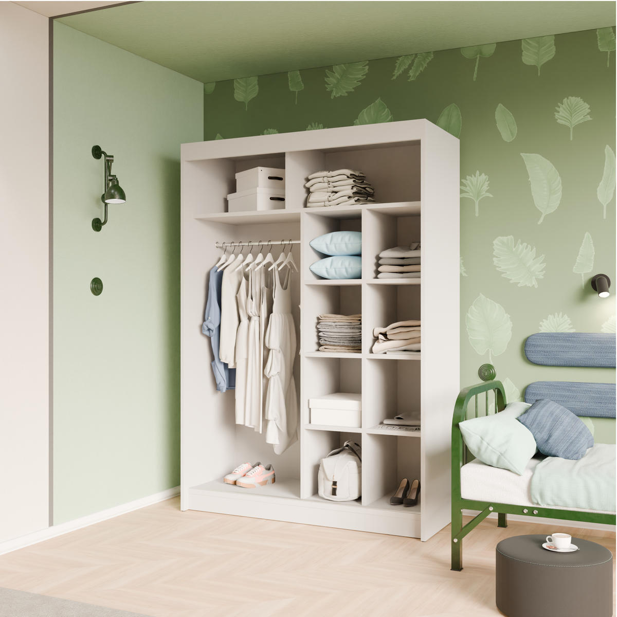 SCHIEBETÜRENSCHRANK TIPI II - Weiß/Grau, Holzwerkstoff (150/215/61cm) - Meblini