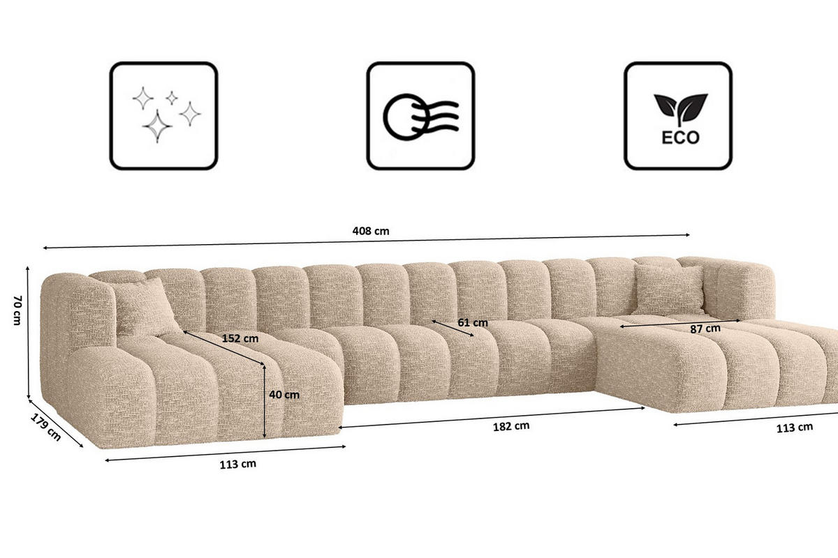 ECKSOFA U-form Grand U XL Stoff Haga Ecru - Ecru, Holz (179/408cm) - Kaiser Möbel