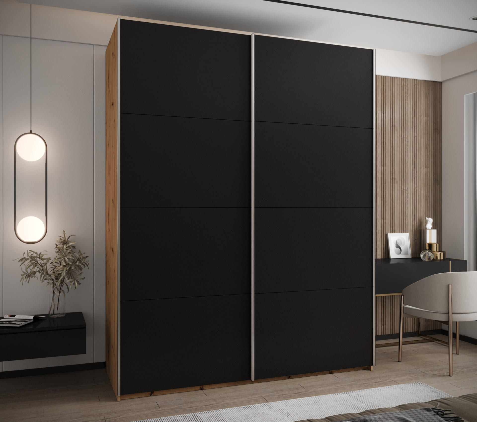 SCHWEBETÜRENSCHRANK 245,5/190/64 2-türig - Silberfarben/Schwarz, Holz/Metall (190/245/64cm) - Abiks Möbel
