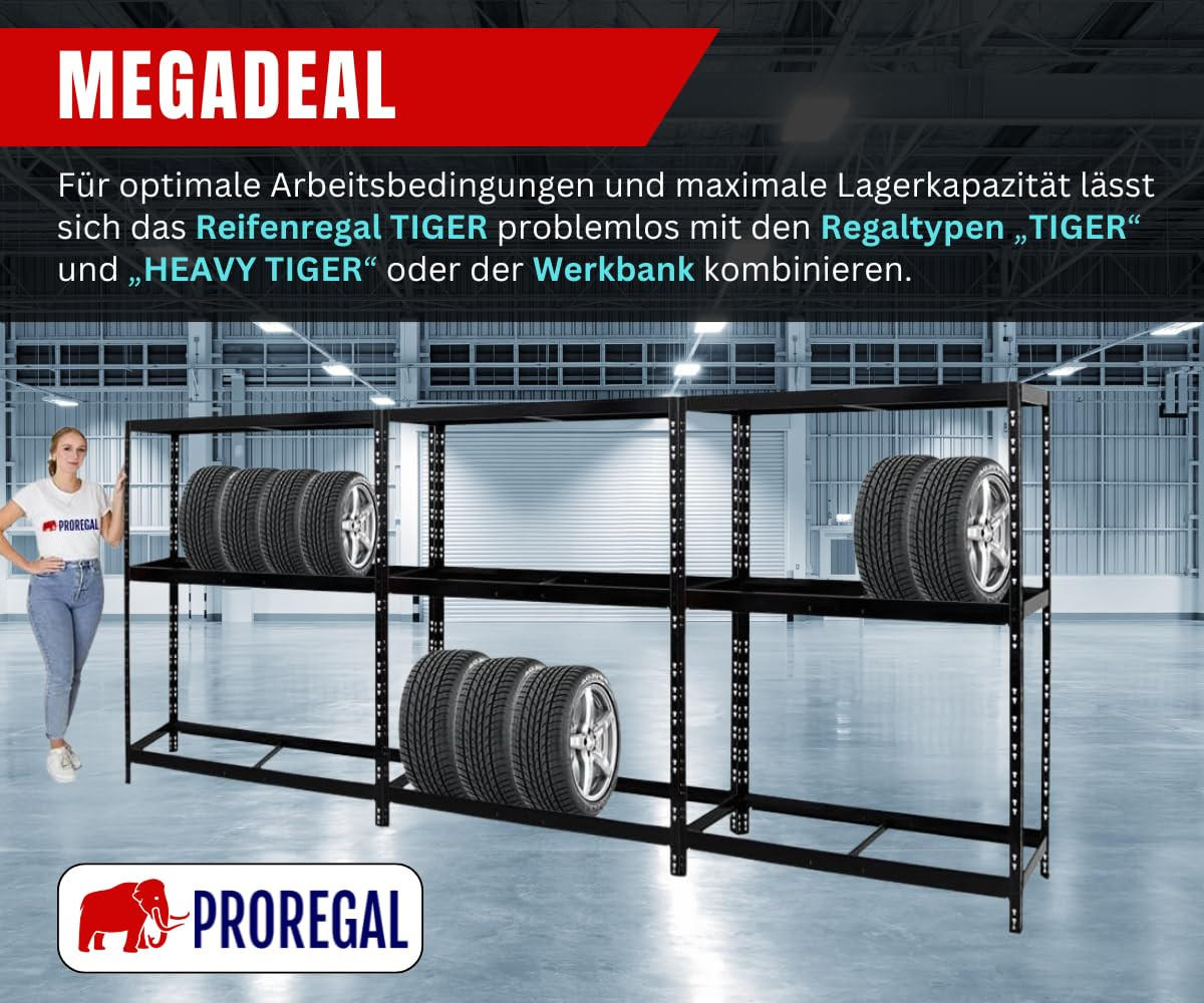 REIFENREGAL Tiger 180x130x50 cm bis zu 12 Reifen auf 2 Ebenen + Ablage Schwarz - Schwarz, Metall (130/180/50cm) - PROREGAL