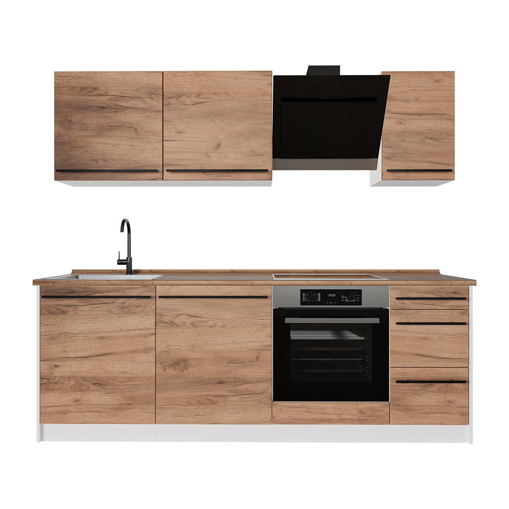 KÜCHENZEILE R-Line, Goldkraft Eiche/Weiß, 220 cm Arbeitsplatte Goldkraft Eiche - Honigeiche/Weiß, Holzwerkstoff (220/81.6/60cm) - Vicco