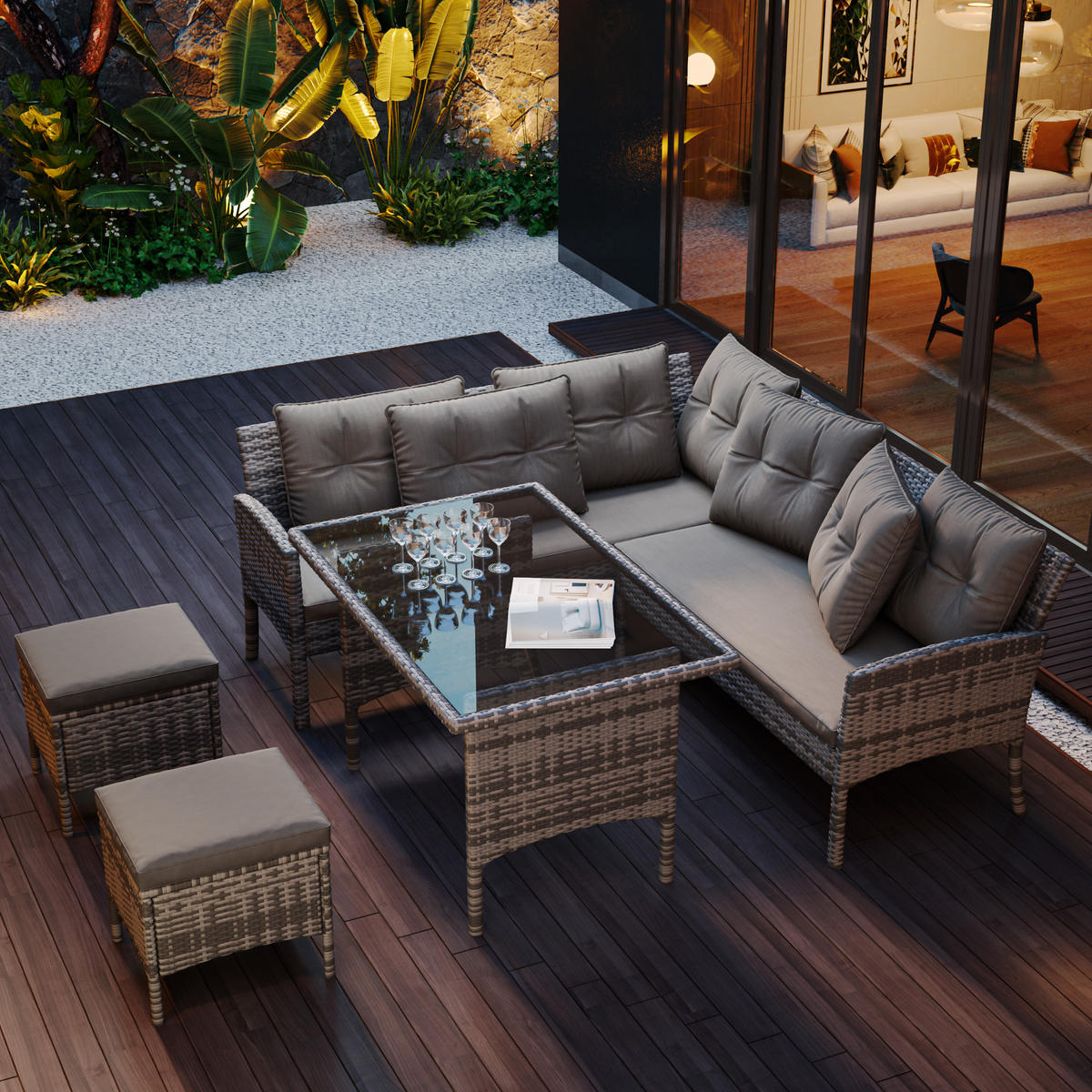 RATTAN Sitzgruppe Gartenlounge für 7 Personen mit Sofa Tisch Hocker Kissen Bezüge abnehmbar und waschbar Grau - Grau, Metall - FLIEKS