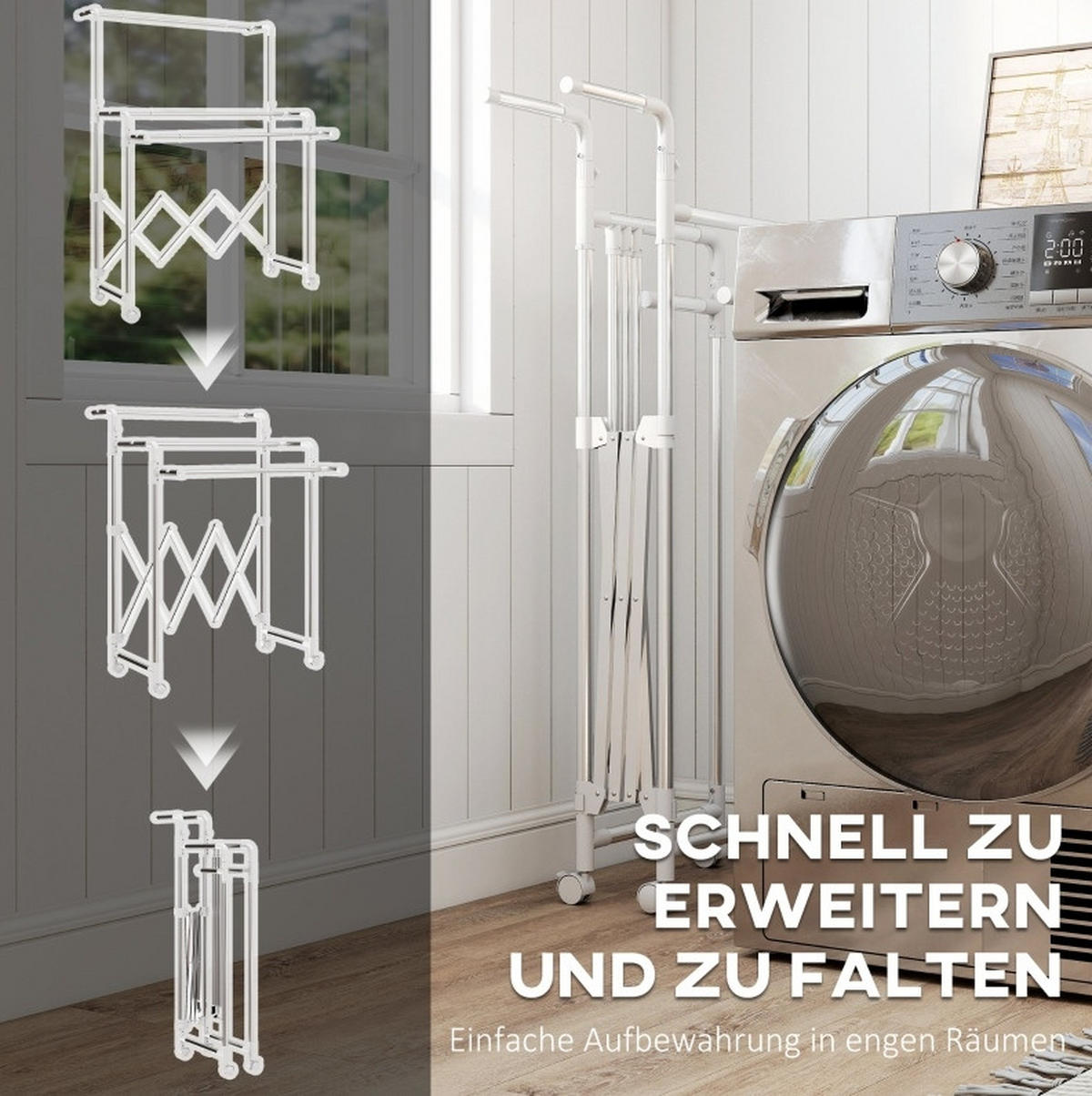 GARDEROBENSTÄNDER faltbar aus Edelstahl mit 3 ausziehbaren Stangen und Rollen - Silberfarben, Metall (150/197/103cm) - BEAOK