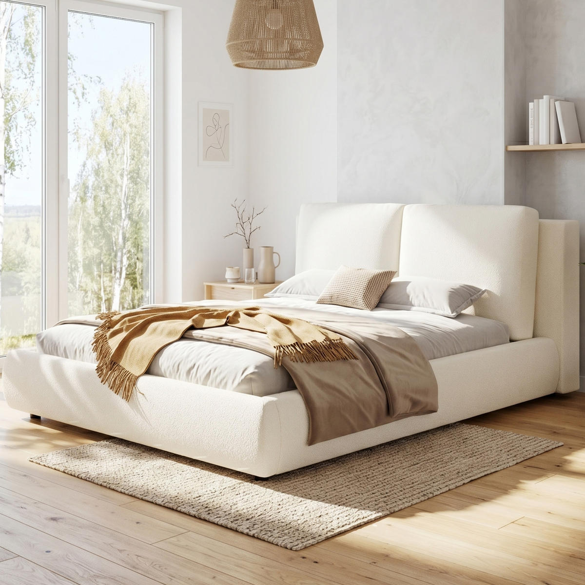 POLSTERBETT 160/200 cm in Beige Bouclé mit Stauraum - Beige, Holzwerkstoff/Textil (160/200cm) - WISHDOR