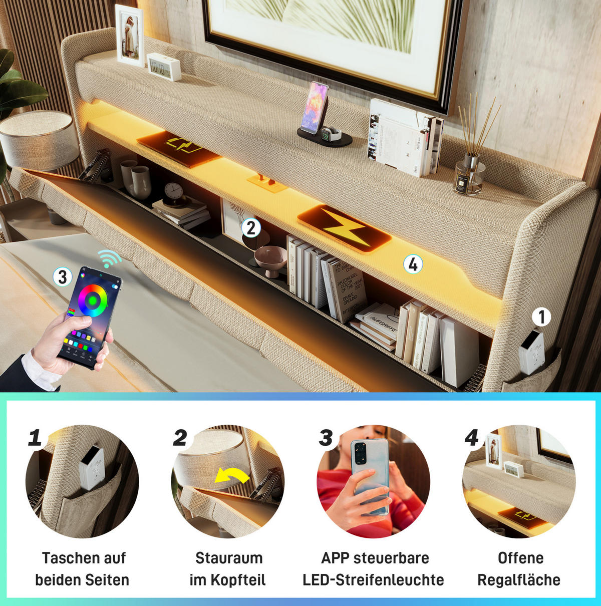 POLSTERBETT 140/190 cm Beige aus Leinen mit LED und Stauraum - Beige, Textil (140/190cm) - OKMYHOME