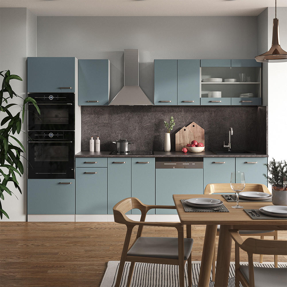 KÜCHENZEILE R-Line Blau-Grau 300 cm mit Hochschrank, ohne AP - Blaugrau/Weiß, Holzwerkstoff (300/81.6/46cm) - Vicco
