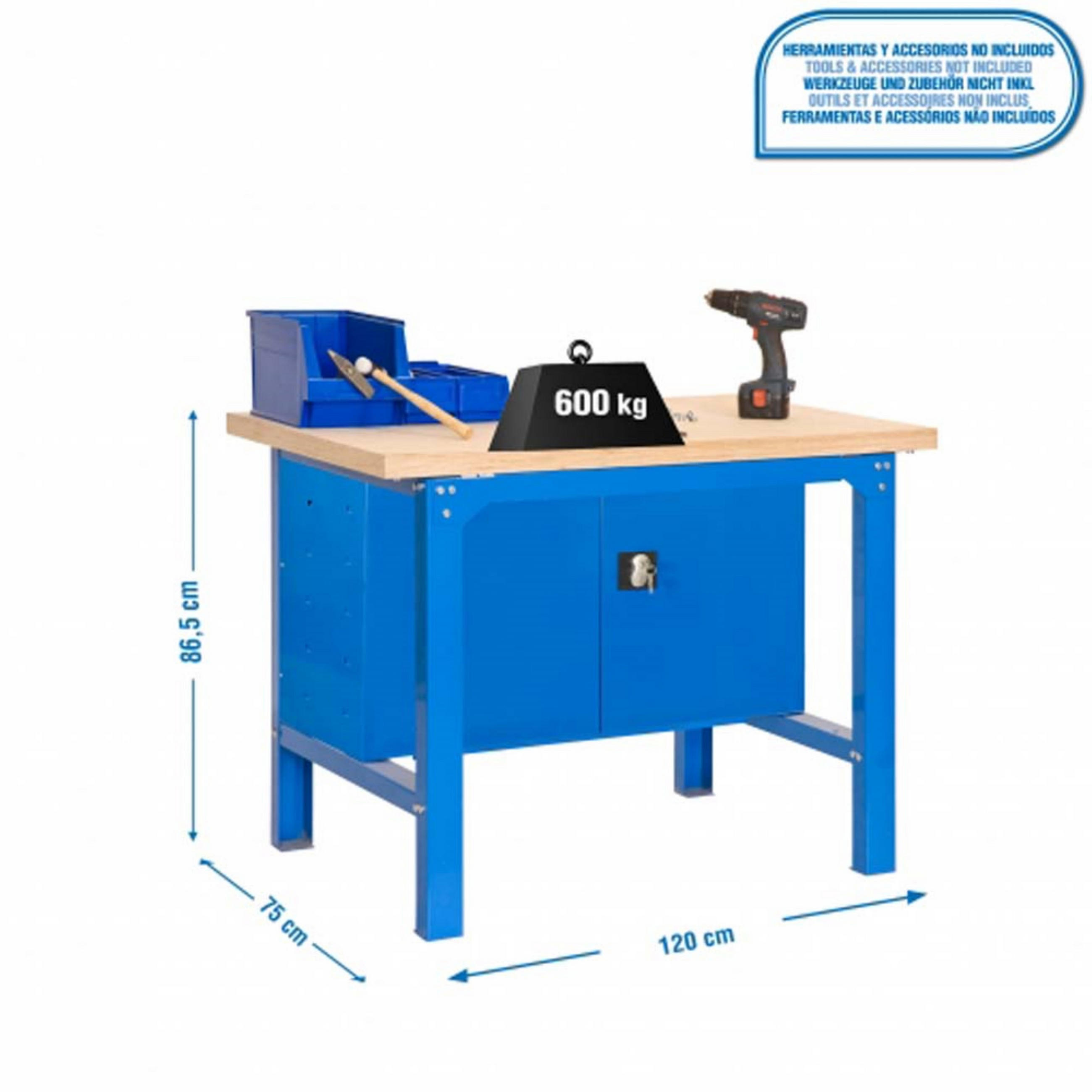 WERKBANK BUFFALO WOOD mit Schrank | HxBxT 87x120x75cm | Traglast 600kg | Blau - Blau, Metall (120/87/75cm) - PROREGAL