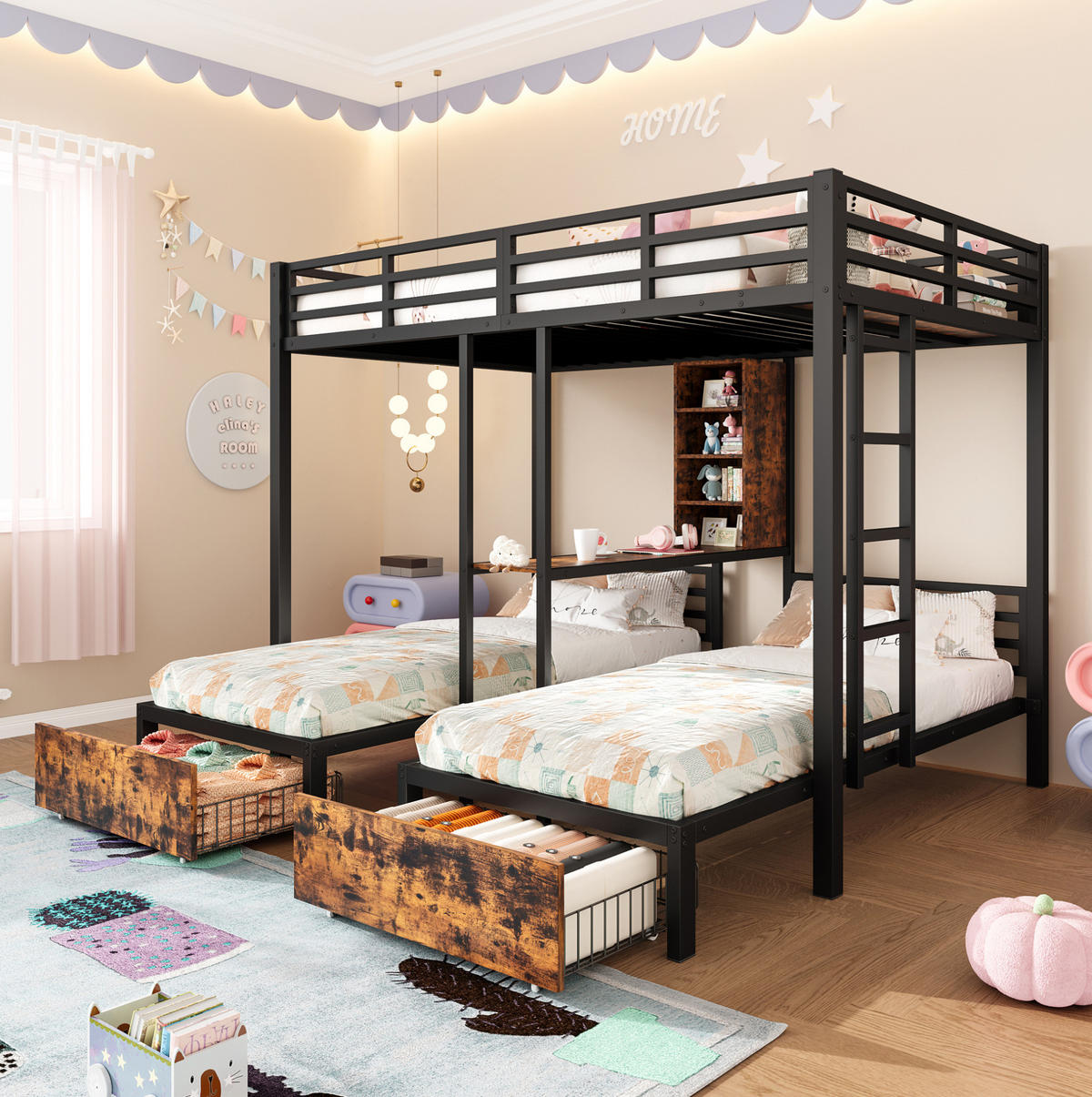 ETAGENBETT 140/200 + 90/200 cm aus Metall und MDF mit 3 Schlafplätzen und 2 Schubladen Schwarz - Schwarz, Holzwerkstoff (140/200cm) - Modenvie
