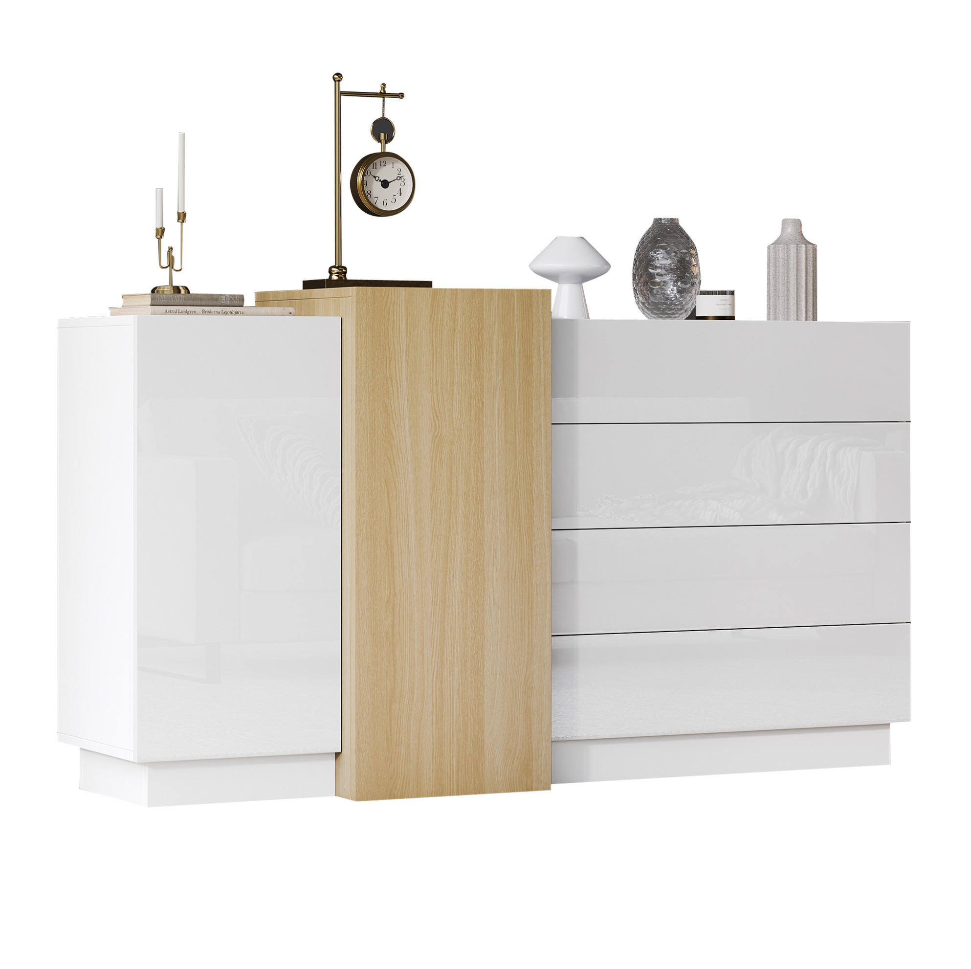Modfu KOMODA z MDF 140x35x76,5 cm bílá s vysokým leskem, bezúchytkovým otvíráním a 4 zásuvkami
