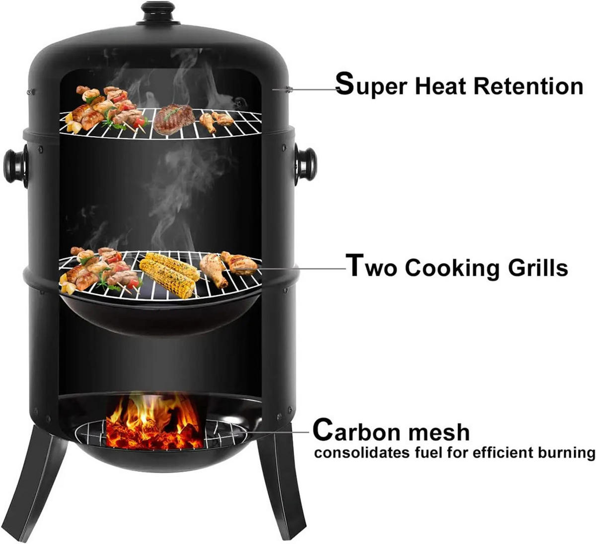 HOLZKOHLEGRILL Räucherfass Grill mit Thermometer BBQ - Schwarz, Metall (44.5/80cm) - Kaket