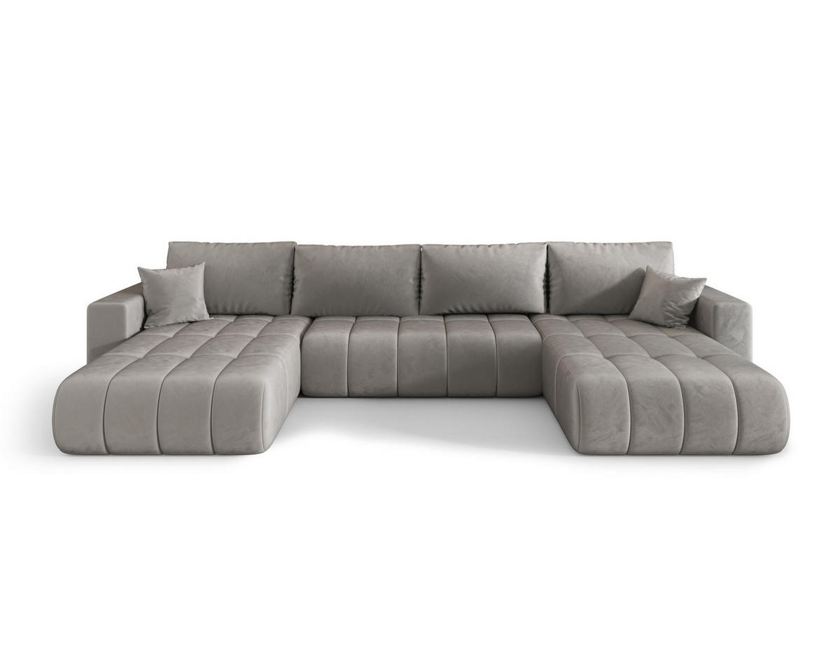 ECKSOFA LARA PREMIUM U-Form hellgrau Velours Monolith 84 - Schlaffunktion, Bettkasten - Hellgrau, Textil (385/175cm) - Cornero