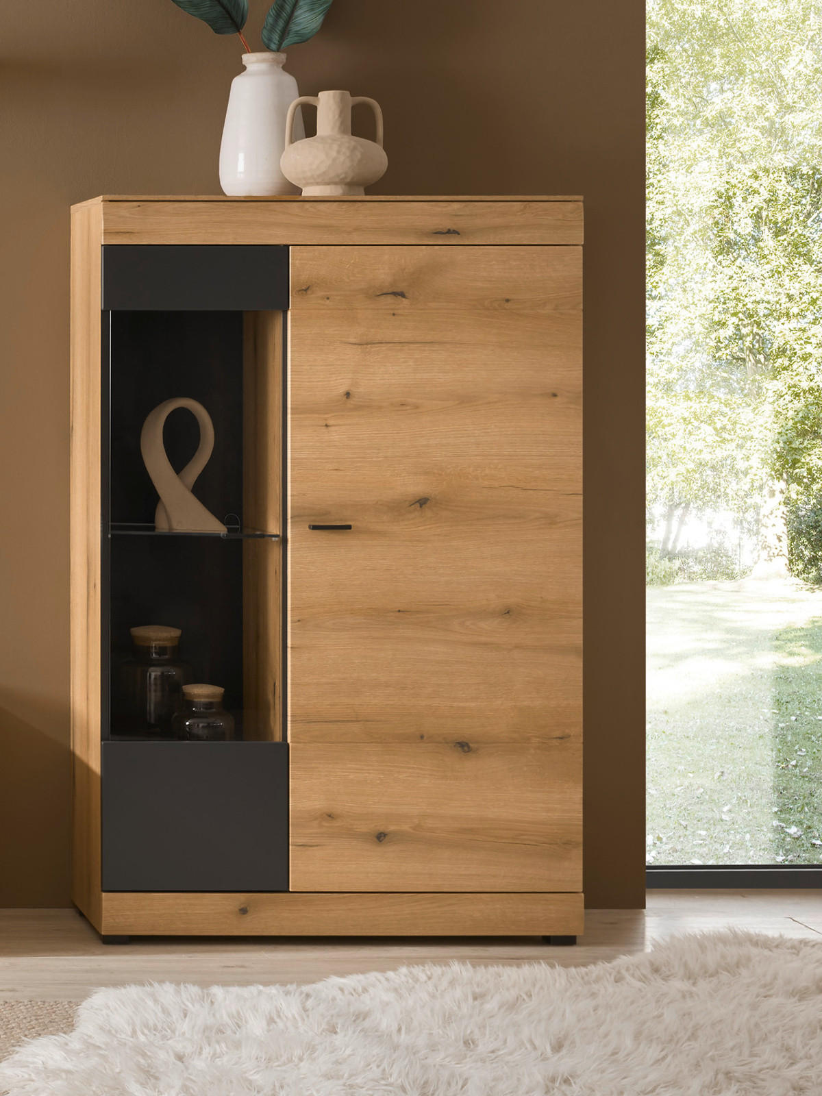 VITRINE in Eiche, grau 90 x 151 cm, Highboard mit Soft-Close - Kaschmir/Eichefarben, Glas/Holzwerkstoff (90/141/35cm) - Furn.Design
