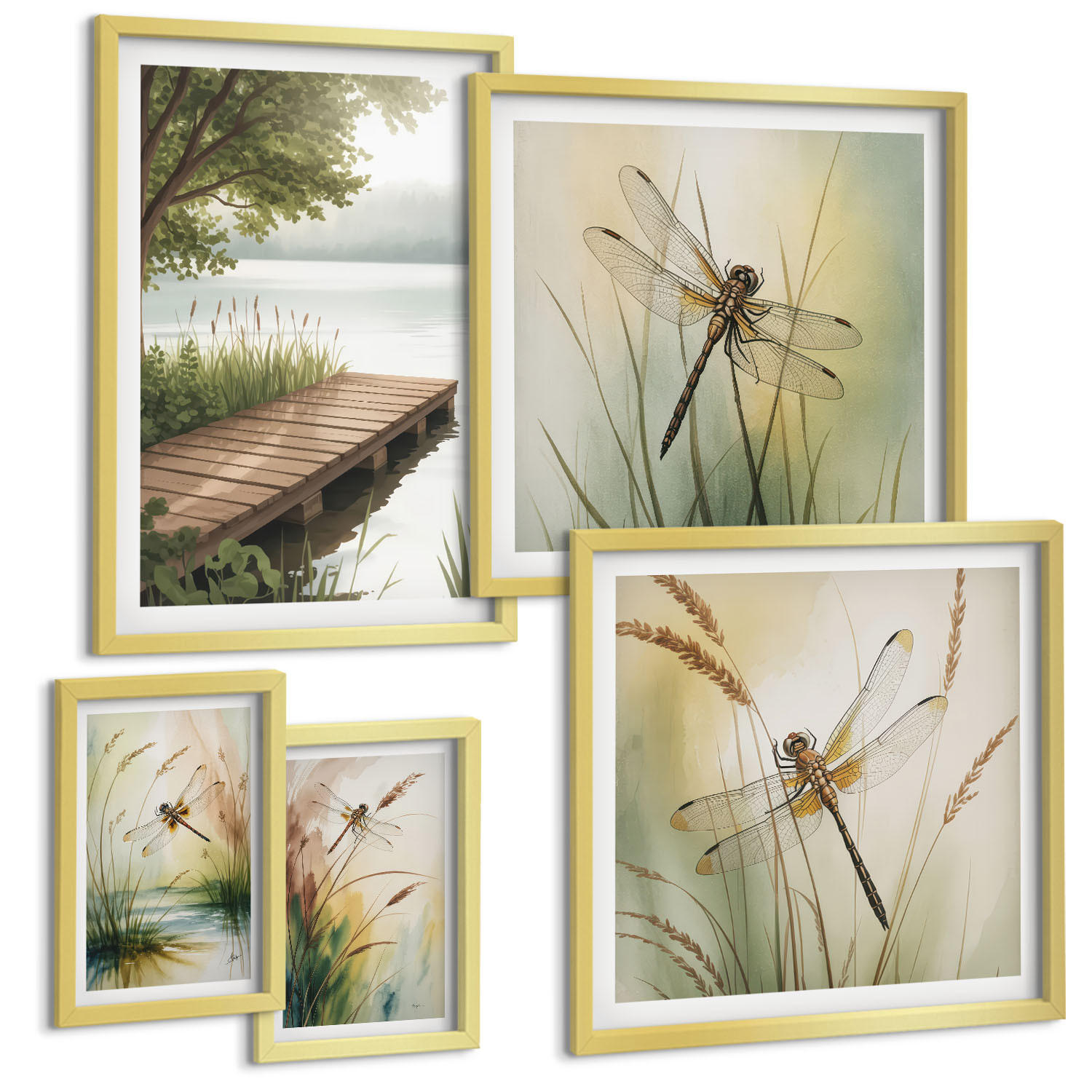 BILDER SET 5er Set - 50x50 cm & 20x30 cm & 40x60 cm Goldrahmen - Libellengräser über dem Wasser - Goldfarben, Kunststoff (40/60cm) - TULUP