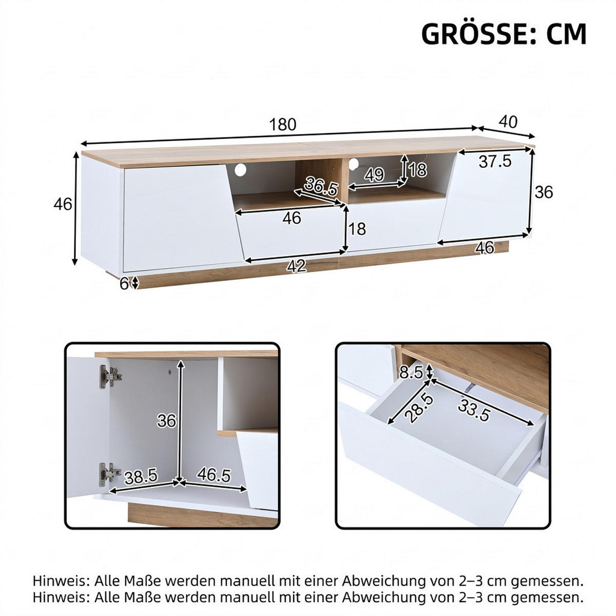 TV-SCHRANK 180/40/46 cm Weiß/Naturholz mit LED, 2 Schubladen und 2 Türen - Weiß, Holzwerkstoff (180/46/40cm) - Oxeza
