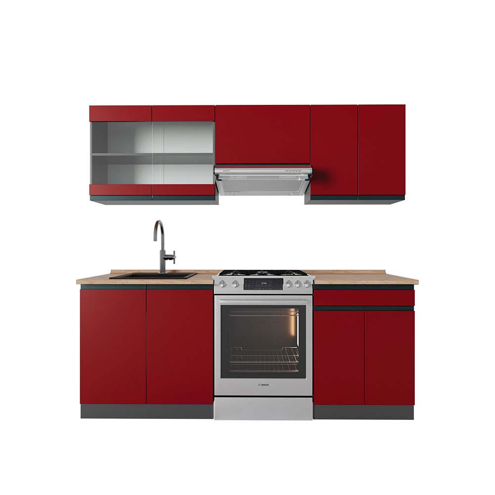 KÜCHENZEILE R-Line Rot/Anthrazit 200 cm, AP Eiche - Anthrazit/Rot, Holzwerkstoff (200/81.6/60cm) - Vicco