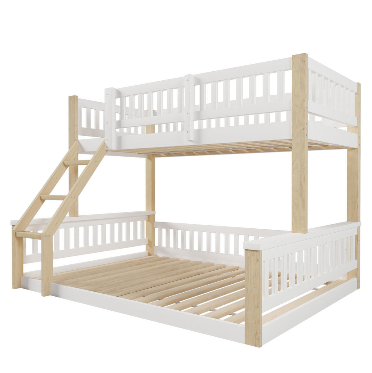 ETAGENBETT 90/200 cm + 140/200 cm mit Leiter, Bettgitter und Massivholzrahmen, Weiß/Natur - Weiß, Holz (90/200cm) - Redom