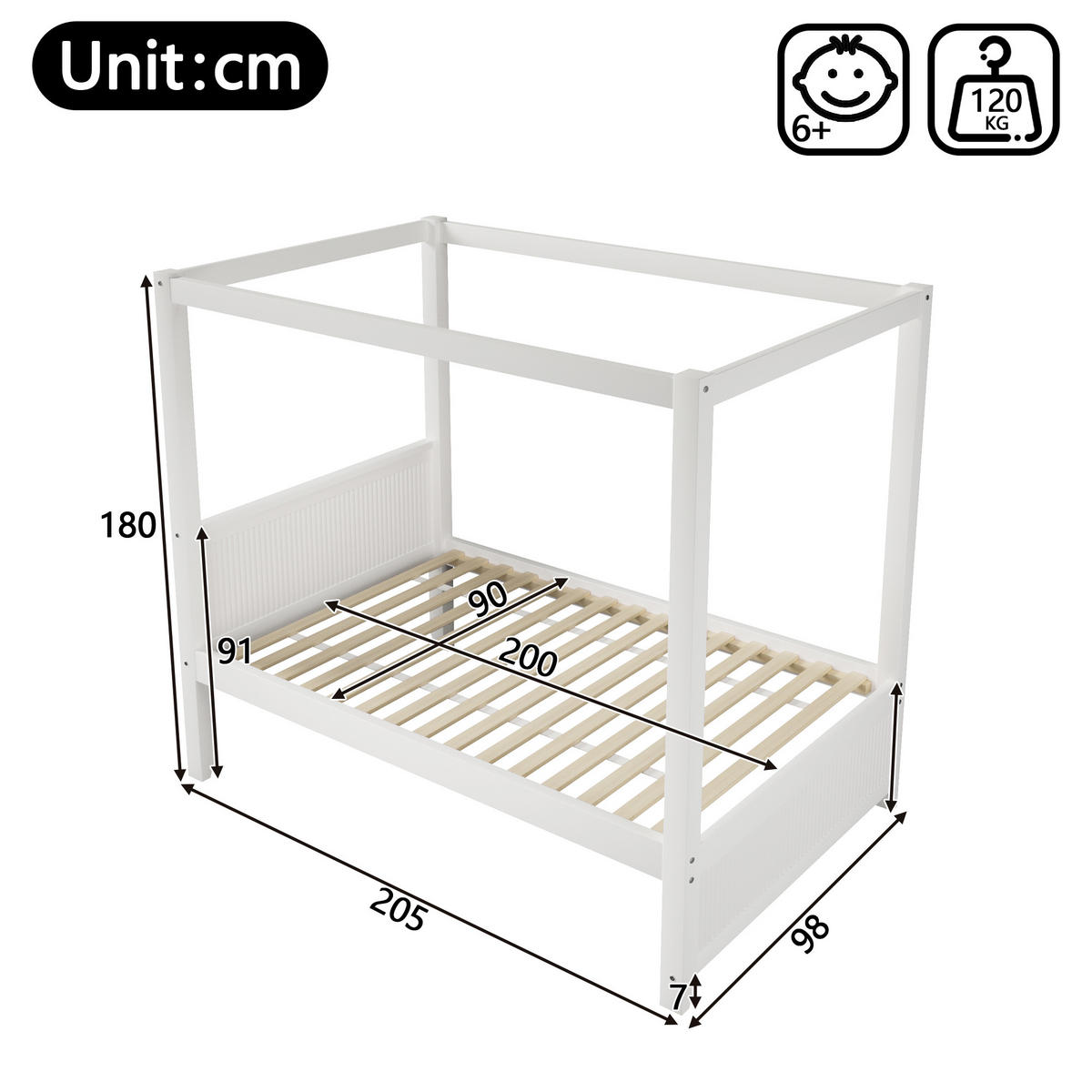 HIMMELBETT 90x200 cm mit dekorativem Dachrahmen, Weiß - Weiß, Holz (90/200cm) - KOMHTOM