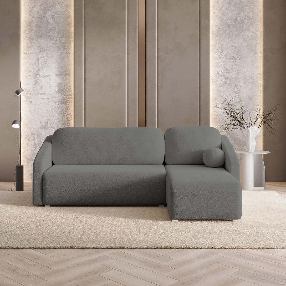 ECKSOFA MARELLO Grau Boucle-Stoff mit Schlaffunktion - Grau, Holz (220/143cm) - MASSENO