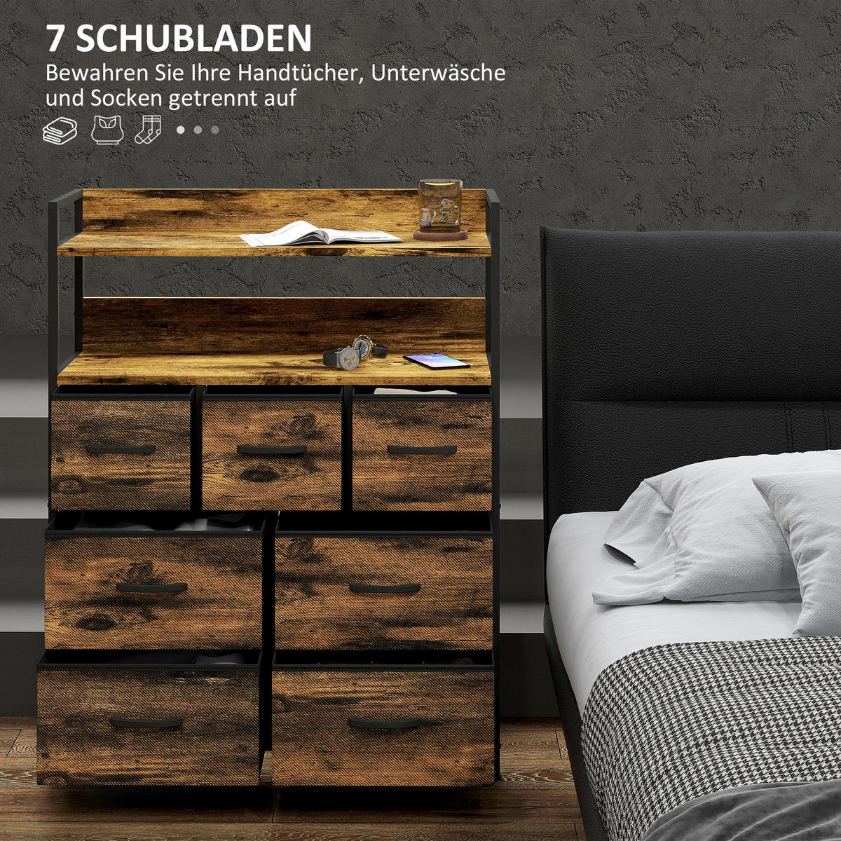 KOMMODE aus Stoff mit 7 Schubladen, Rustikal-Braun - Braun, Textil (79/101/29cm) - HOMCOM