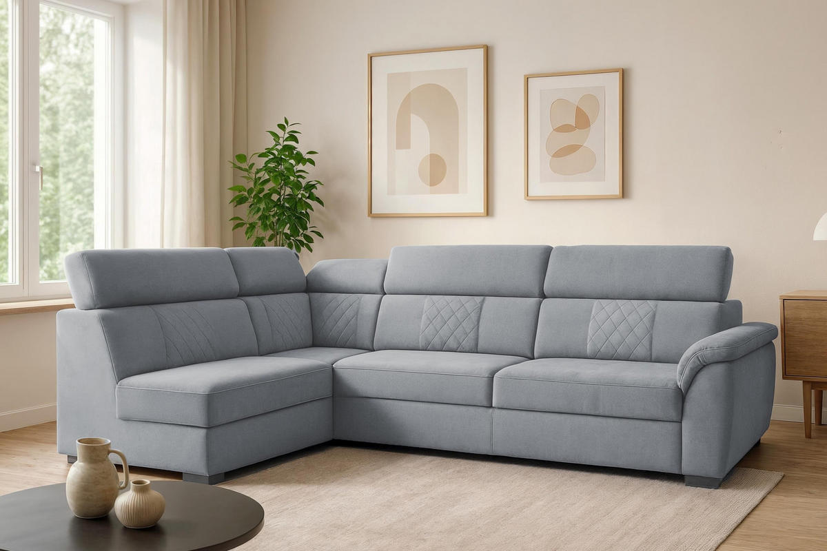 ECKSOFA Ravini Grau, mit Schlaffunktion und verstellbaren Kopfstützen, linke seite - Grau, Holzwerkstoff (253/156cm) - Bettso