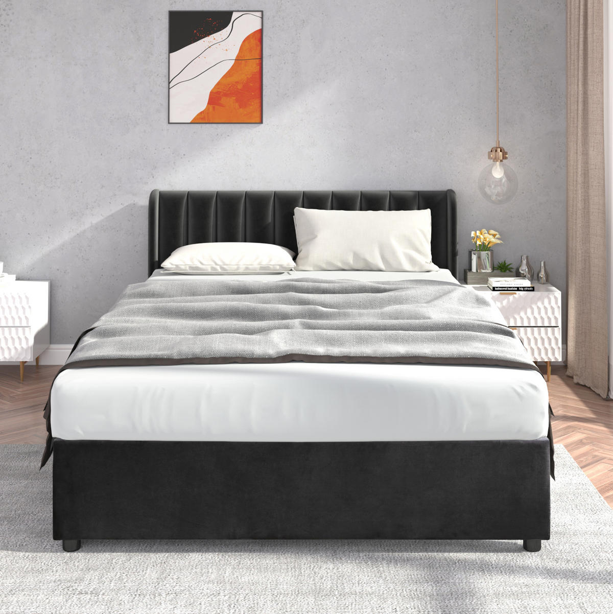 POLSTERBETT 140/200 cm aus Samt in Schwarz mit 2 Schubladen - Schwarz, Textil (140/200cm) - Flora Grace