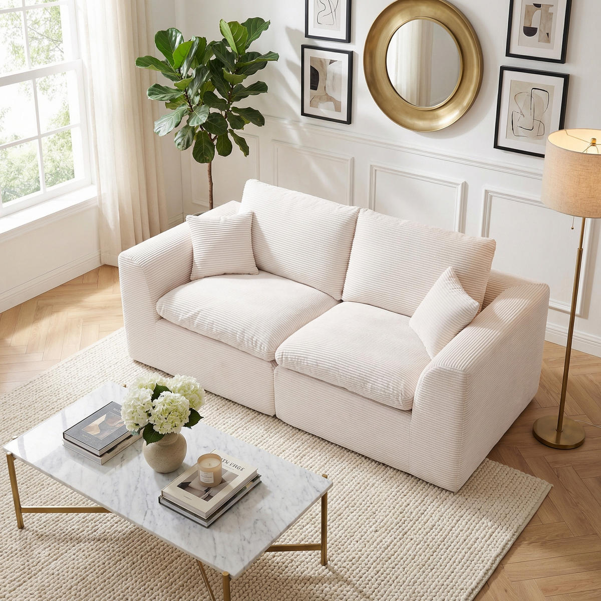 2-SITZER-SOFA XXL aus Cord mit Federkern-Polsterung Montagefrei - Beige, Textil (204/84/102cm) - Urban Meuble