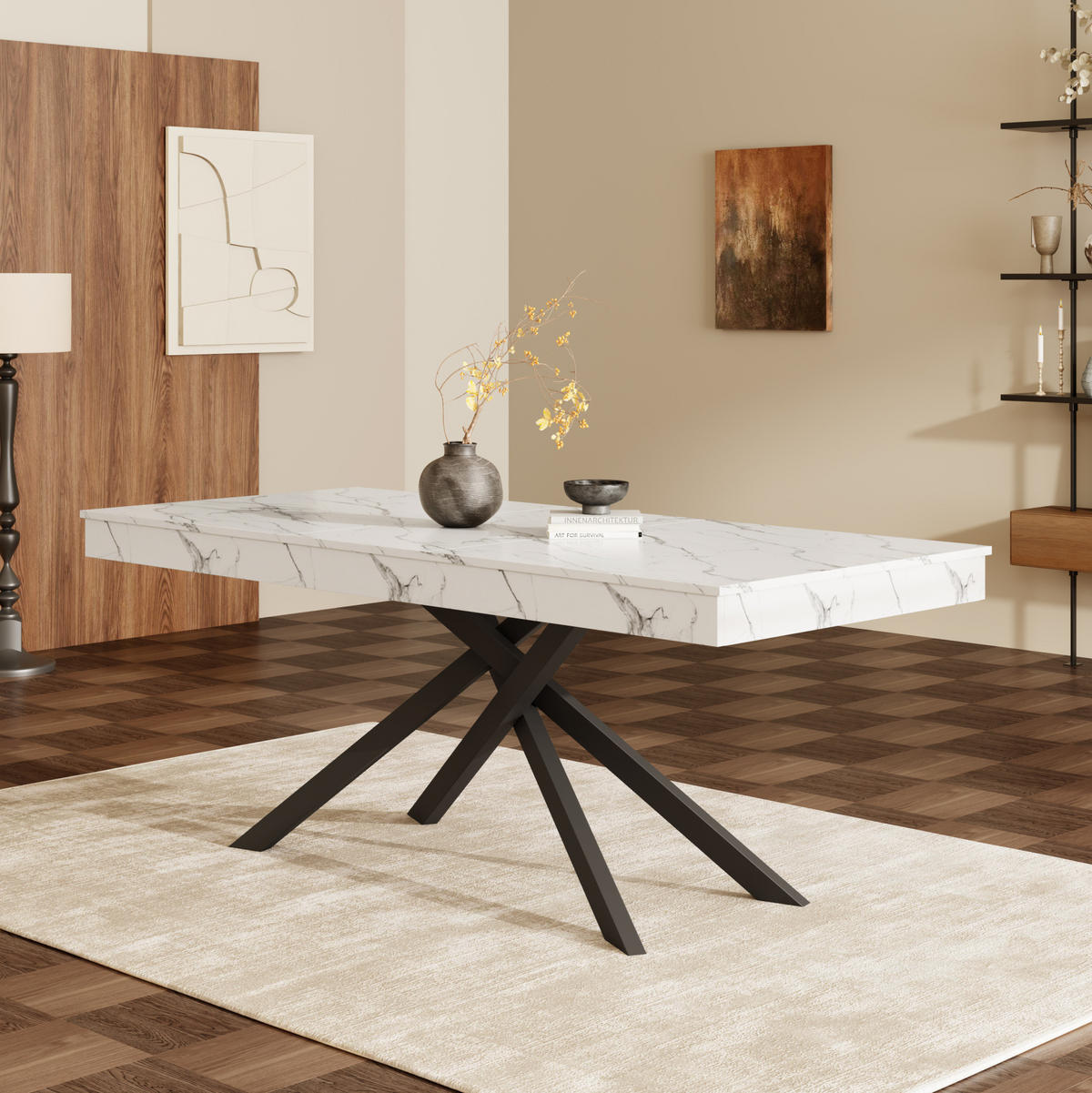 ESSTISCH aus MDF 180x80x76 cm Weiß ausziehbar mit 93 mm Tischplatte und Kreuzbeinen - Weiß, Holzwerkstoff (180/80/76cm) - Modfu