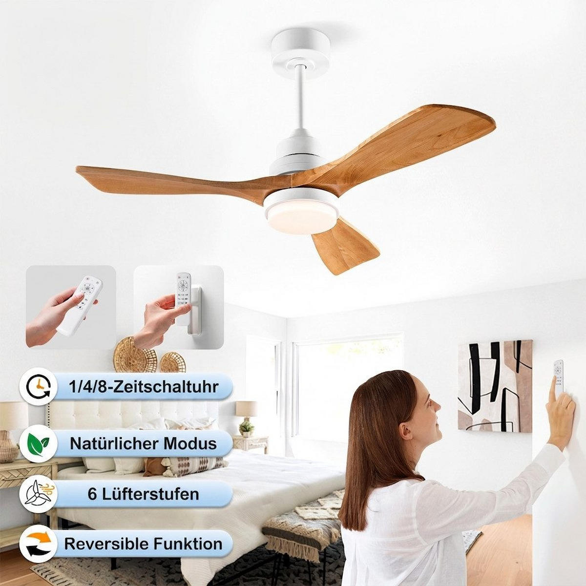 DECKENVENTILATOR & 3 Holzflügeln, 3-Stufen Dimmer, DC-Motor(35dB) - Weiß, Holzwerkstoff (114/114/45.7cm) - BEXEVUE