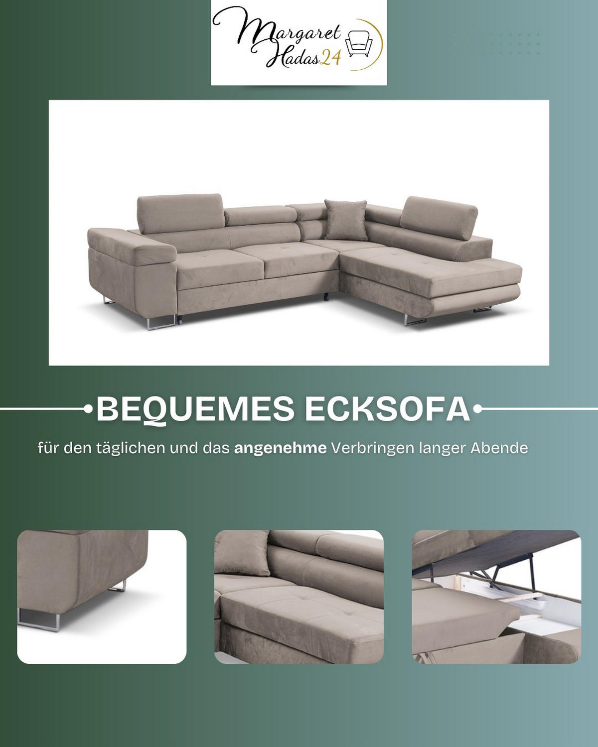 ECKSOFA Marlene III L-Form mit verstellbaren Kopfstützen Schlaffunktion Bettkasten 271 cm links dunkelgrau - Dunkelgrau, Kunststoff (271/202cm) - Margaret Hadas24