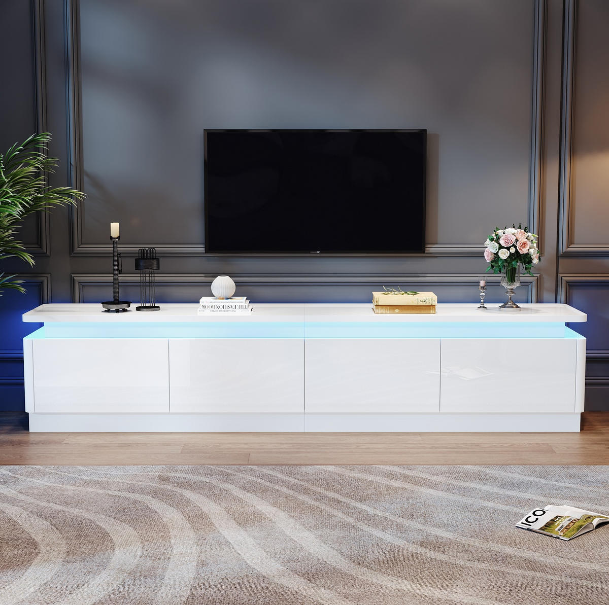 TV skříňka 180/34/40 cm bílá, vysoký lesk, LED a 4 zásuvky - bílá, kompozitní dřevo (180/40/34cm) - BEAOK