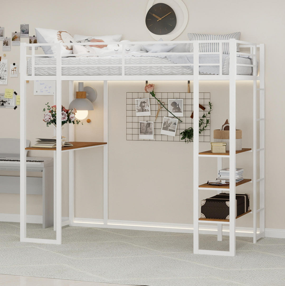 HOCHBETT 90/200 cm weiß aus Eisen mit Schreibtisch und beidseitiger Leiter - Weiß, Metall (90/200cm) - OKWISH
