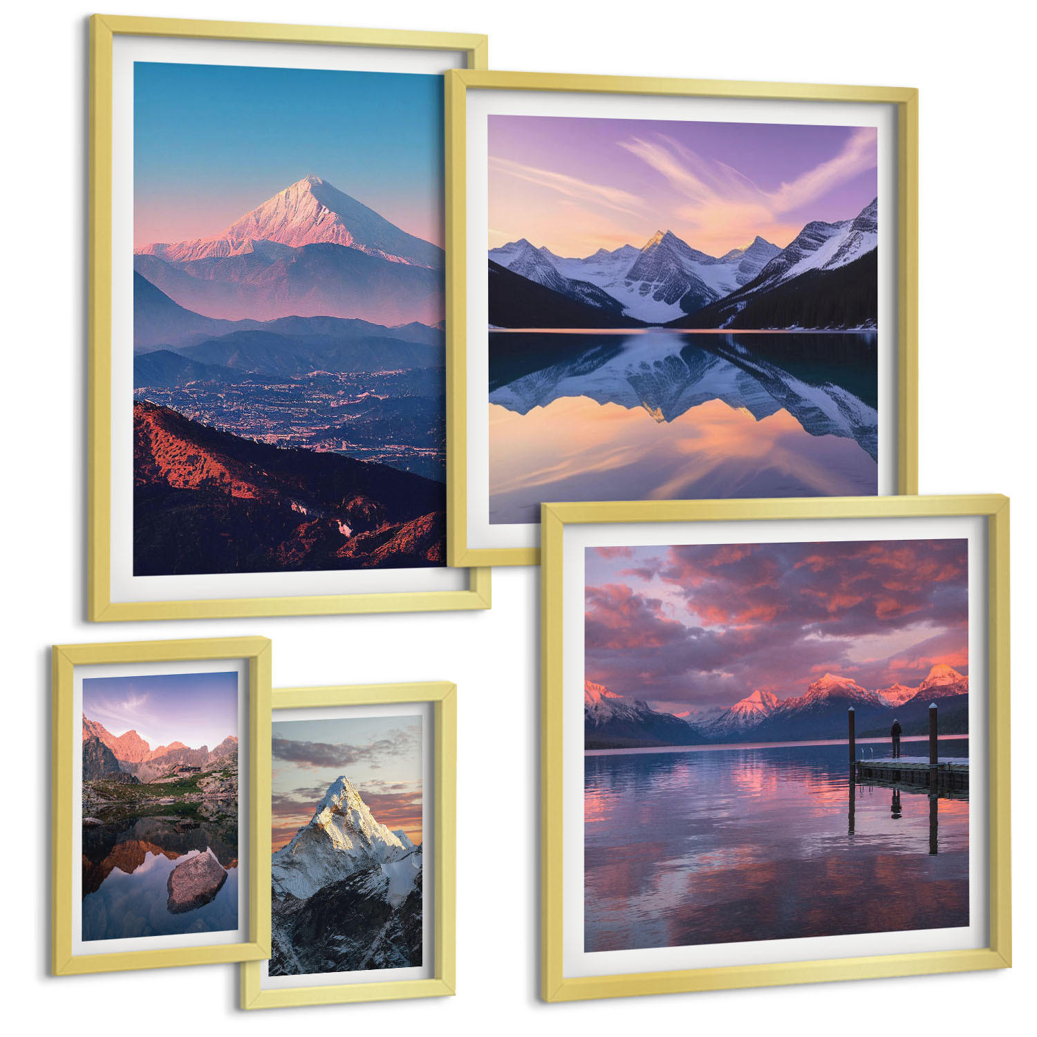 BILDER SET 5er Set - 50x50 cm & 20x30 cm & 40x60 cm Goldrahmen - Nachtstadt mit Neonlichtern - Goldfarben, Kunststoff (40/60cm) - TULUP